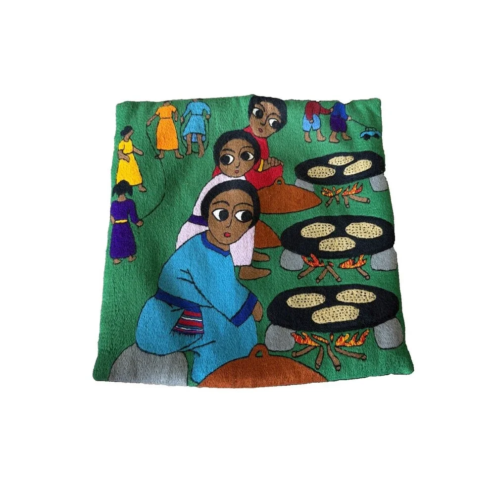 Vintage Handmade African Folk Art Embroidered Pillow Cover 14x14 Cooking Scene